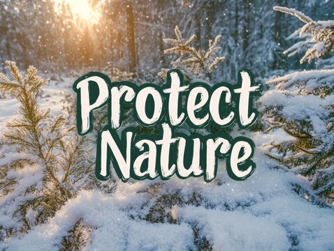 Winter Serenity and Environmental Awareness Protect Nature Text Over Snowy Forest Scene
