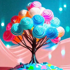 파스텔 색상의 솜사탕으로 만든 거대한 나무 장식 데코레이션, 다채로운 배경, 포스터, 배너에 사용할 수 있는 공간. 02