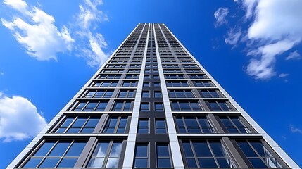 Fototapeta premium Low Angle View of Modern Skyscraper with Glass Facade against Bright Blue Sky and Clouds