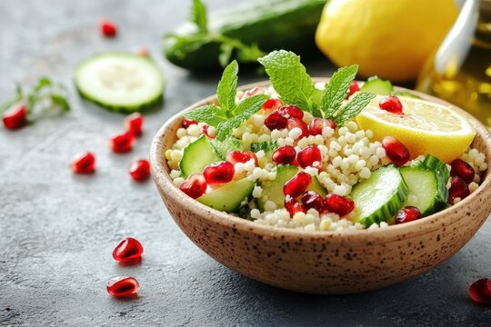 Wholesome salad featuring couscous mint cucumber pomegranate lemon and olive oil Middle Eastern vegan dish Classic Israeli cuisine