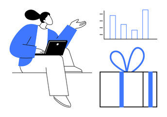 Woman sitting with a laptop while presenting data analysis with a bar chart and a gift box. Ideal for business strategies, presentations, data analysis, employee engagement, reward programs