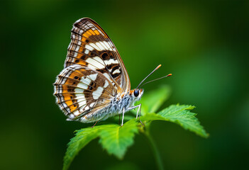 A brown and white butterfly with intricate wing patterns resting on a green leaf against a blurred green background