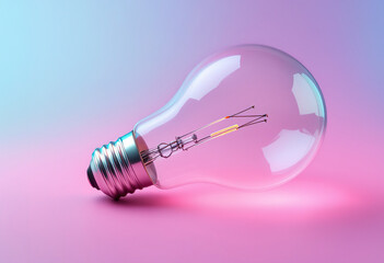 A clear glass light bulb on a pink and blue gradient background