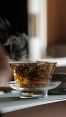 Steaming Herbal Tea in a Beautiful Glass Cup with Freshly Picked Leaves for Enjoyment
