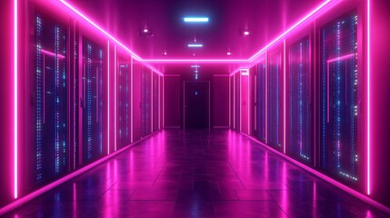 Fototapeta premium Neon Lit Server Room Corridor Displays Digital Data