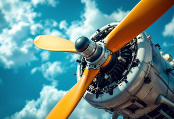 A close-up view of the propeller and engine of a vintage biplane against a blue sky with clouds