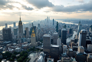 Obraz premium A high-angle view of a large, dense city skyline with skyscrapers, bridges, and a river running through the center