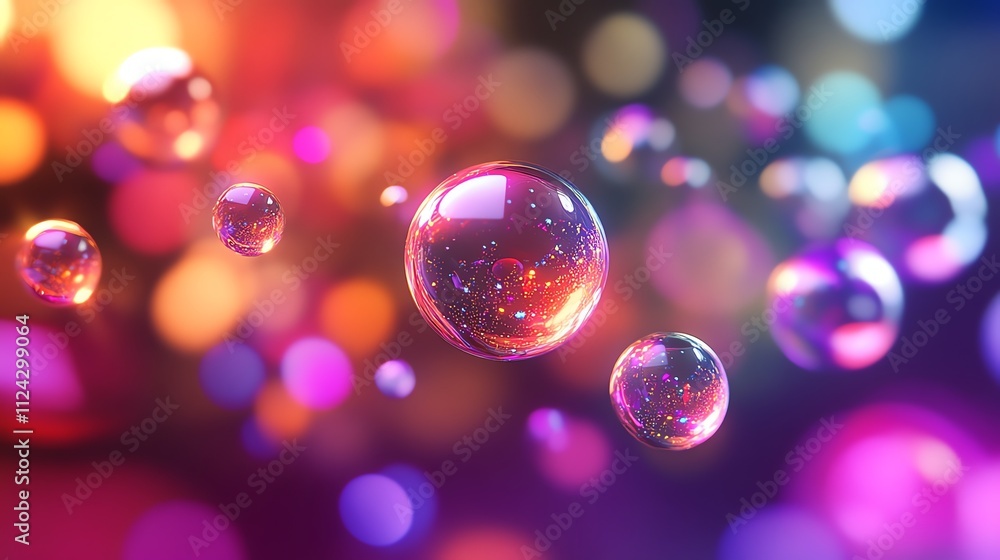 Poster abstract colorful background with shiny spheres floating against a dark backdrop.