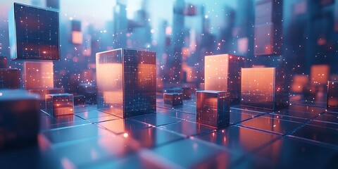 Fototapeta premium Futuristic cityscape with glowing cubes and digital particles.