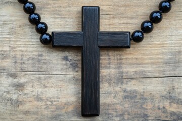 Wooden Christian cross and black prayer beads on a light wood background highlighting National Christian Day Selective focus