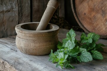 Wooden grinder for herbal ingredients in pharmacy Nettle based scalp products Nettle oil elixir for hair growth