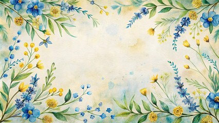 Watercolor Floral Frame with Blue and Yellow Blossoms on a Textured Background, Perfect for Invitations and Announcements