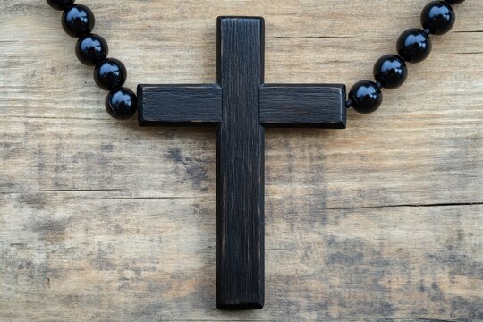Wooden Christian cross and black prayer beads on a light wood background highlighting National Christian Day Selective focus