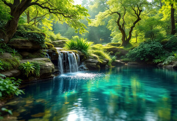 Naklejka premium A serene pond surrounded by lush greenery and trees, with a small waterfall cascading into the water