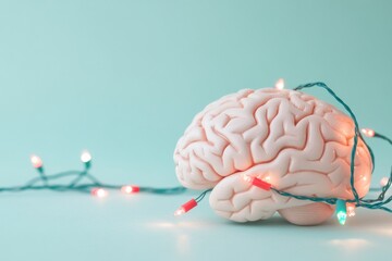 Brain Wrapped in Festive Lights with Digital Influence – A Modern Symbol of Technology and Cognition