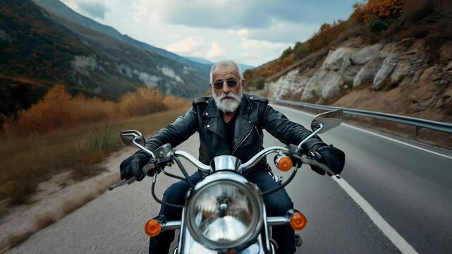 Old man biker in black leather jacket rides on motocycle