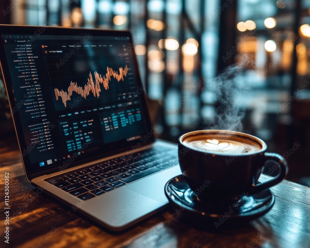 Poster modern finance workspace laptop with blockchain data and steaming coffee in minimalist office settin