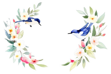 Birds and flowers. Isolated. Hand drawn, watercolor., Generative AI
