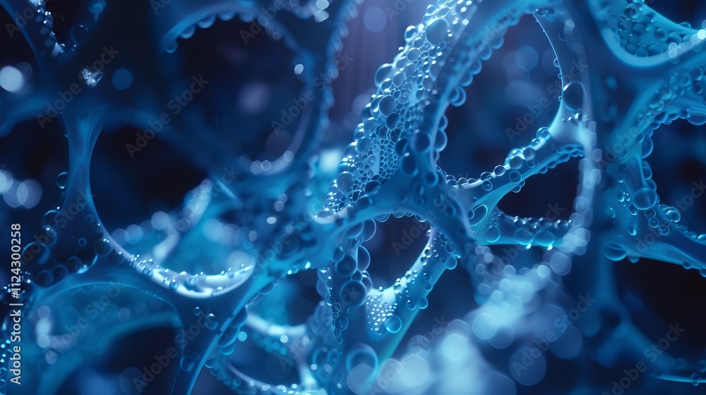 Poster futuristic blue-hued nanotechnology concept featuring glowing lattice structures illustrating advanc
