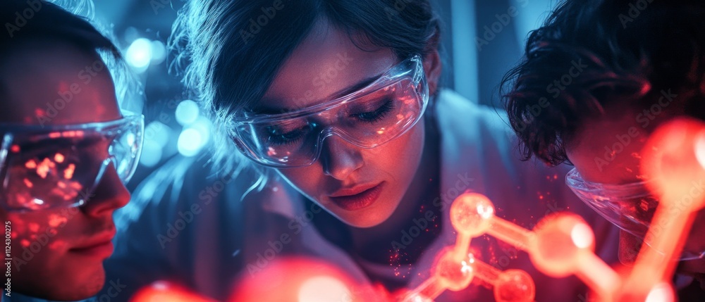 Poster three researchers focus intently on molecular structures during a gene editing experiment in a high-