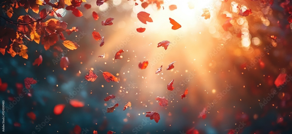 Aufkleber Captivating Autumn Scene of Falling Leaves with Warm Sunlight Shining Through Trees, Creating a Magical Atmosphere in Nature's Colorful Transition