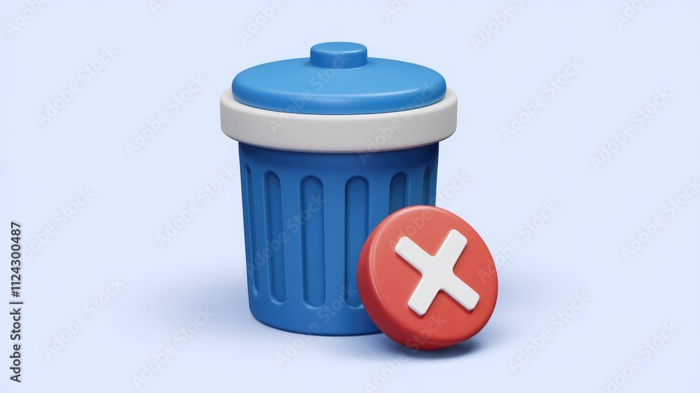 Poster 3d render of a blue trash can with a red x, symbolizing deletion or removal.