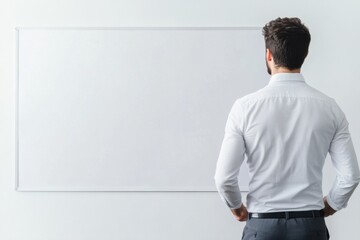 A man stands in front of a blank whiteboard, contemplating ideas or preparing for a presentation in a professional setting.