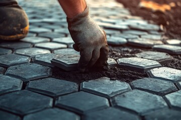 Workers arrange stone pavers in a row at a construction site for octagonal brick pavement Repair or installation ongoing with a focus on hands