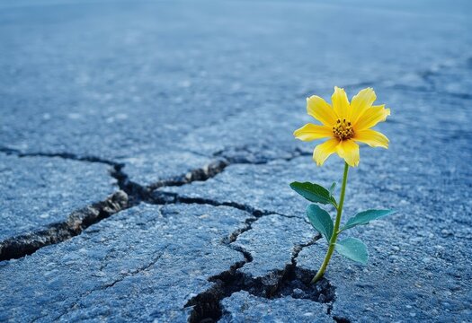 Yellow flower emerging from pavement symbolizing hope