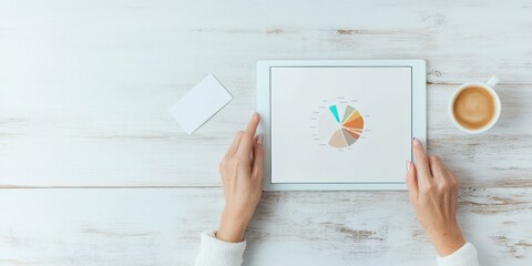 Senior Woman Analyzing Crypto Trends on Tablet with Coffee and Wallet in Clean Modern Setting