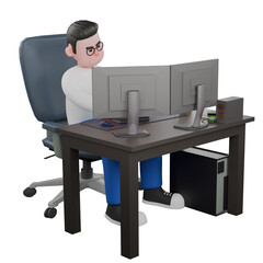 Cartoon Illustration Design of Video Editor 3D Character. A Male Video Editor sitting in a chair with two computers on the desk, expression focused. Professional Model