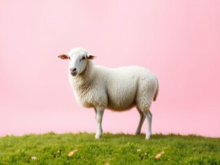 Obraz premium A white sheep with fluffy wool stands proudly in the center of the frame against a vibrant pink background, exuding a sense of peace and serenity, standing, peaceful, sheep