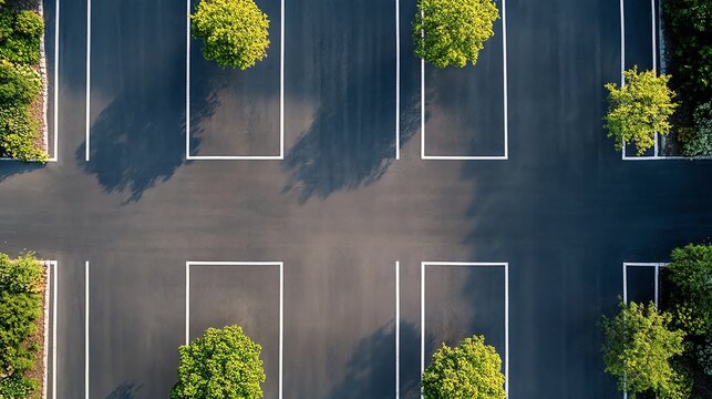 An aerial view of an empty parking lot lined with trees.