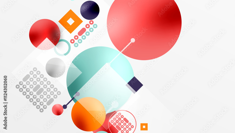Poster minimalistic abstract vector design, layered geometric shapes circles, squares, and triangles with s