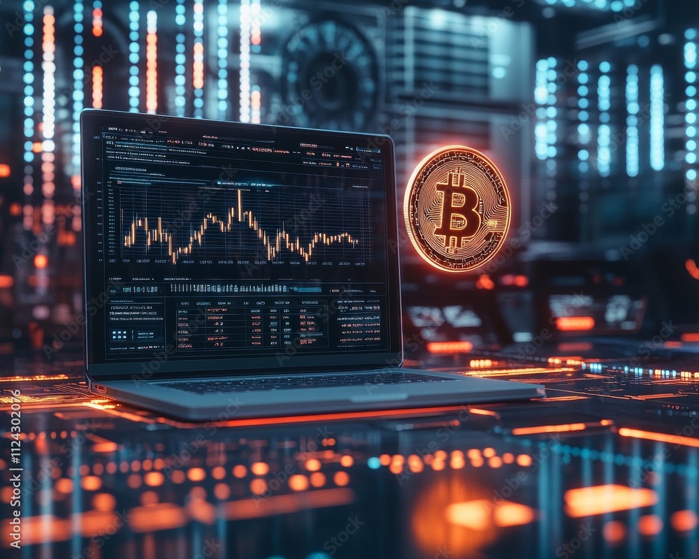 Aufkleber futuristic crypto trading glowing bitcoin above laptop with real-time graphs