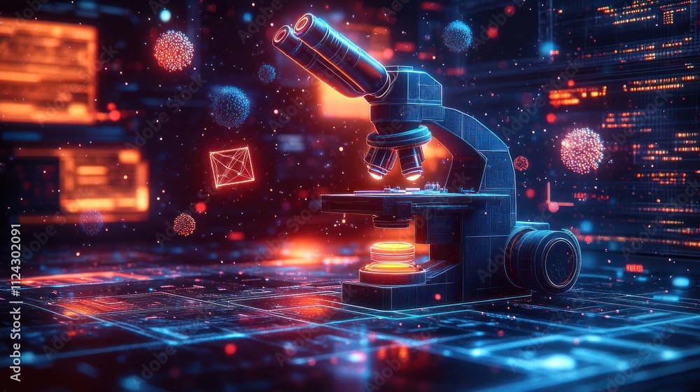 Aufkleber a futuristic microscope surrounded by digital data and microbes.