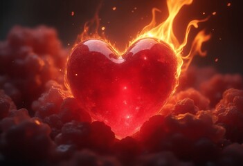 A Highly Detailed Crimsom Red Heart Crystal surrounded by Flames