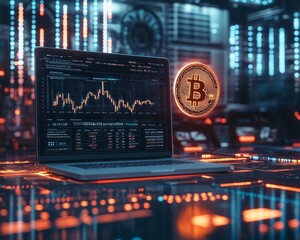 Futuristic Crypto Trading Glowing Bitcoin Above Laptop with Real-Time Graphs