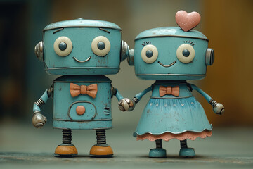 Two cute blue robots are holding hands, with one wearing a dress and a heart on its head, and the other wearing a bow tie. 