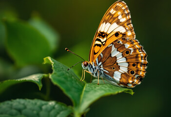 Fototapeta premium A brown and white butterfly with intricate wing patterns resting on a green leaf against a blurred green background