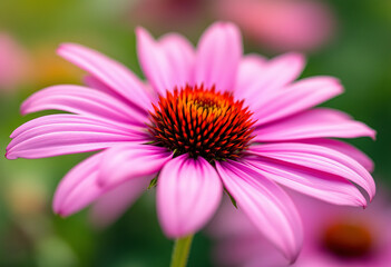 Obraz premium A close-up of a vibrant pink coneflower with its distinctive spiky center and soft, delicate petals against a blurred green background