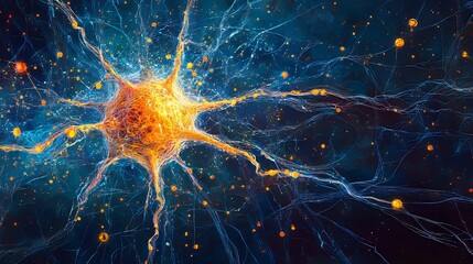 A vibrant neuron cell network glowing brightly