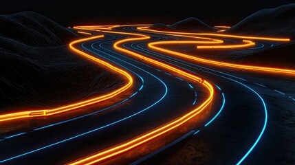 Neon-lit race track winding through a dark, mountainous landscape.