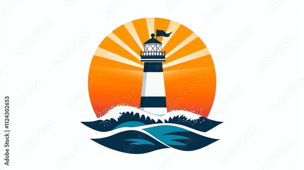 Poster a lighthouse with a sun behind it and waves below.