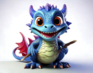 Fototapeta premium cute little blue dragon creative minimal 3d style isolated white background