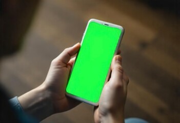 A person's hands holding a white smartphone with a green screen