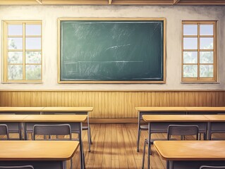 Empty Classroom with Chalkboard, Wooden Desks, and Windows