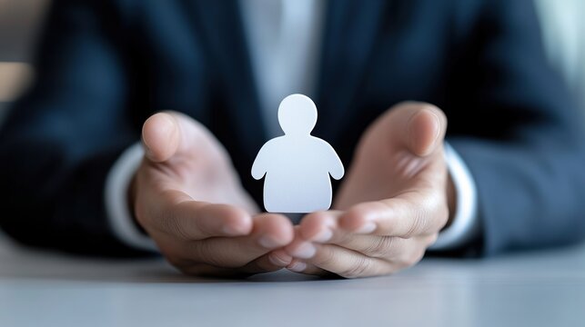 Close-up of a businessman in a suit holding a user icon in his cupped hands, symbolizing customer care, protection, and service. Ideal for business, support, and technology themes.






