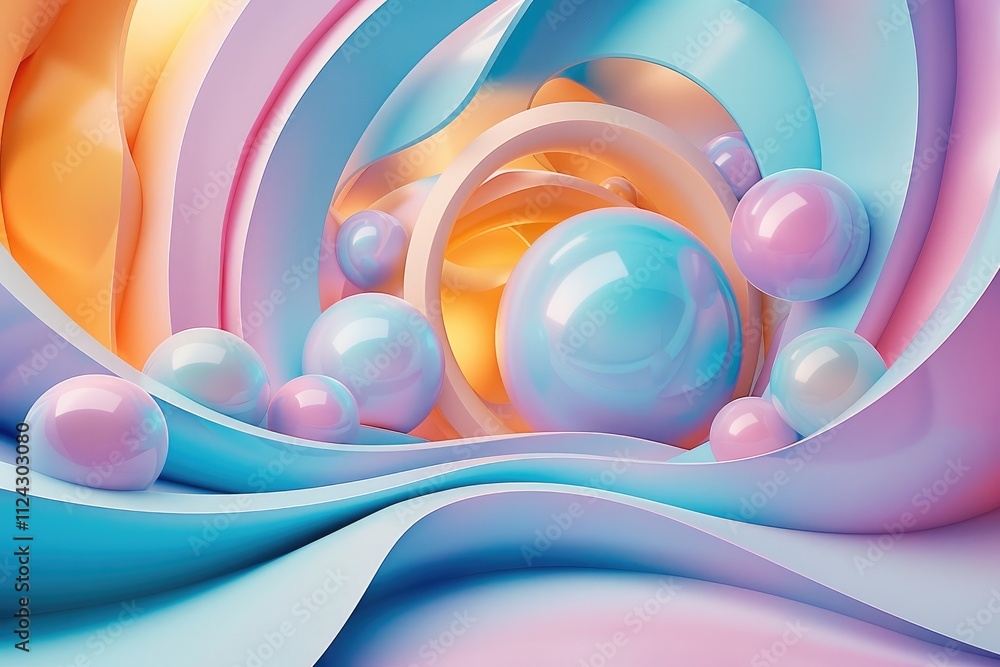 Fototapete A 3D geometric abstraction with pastel colors, shapes, and spheres, The composition includes soft curves and sharp angles in shades, creating an atmosphere that is both playful and modern.
