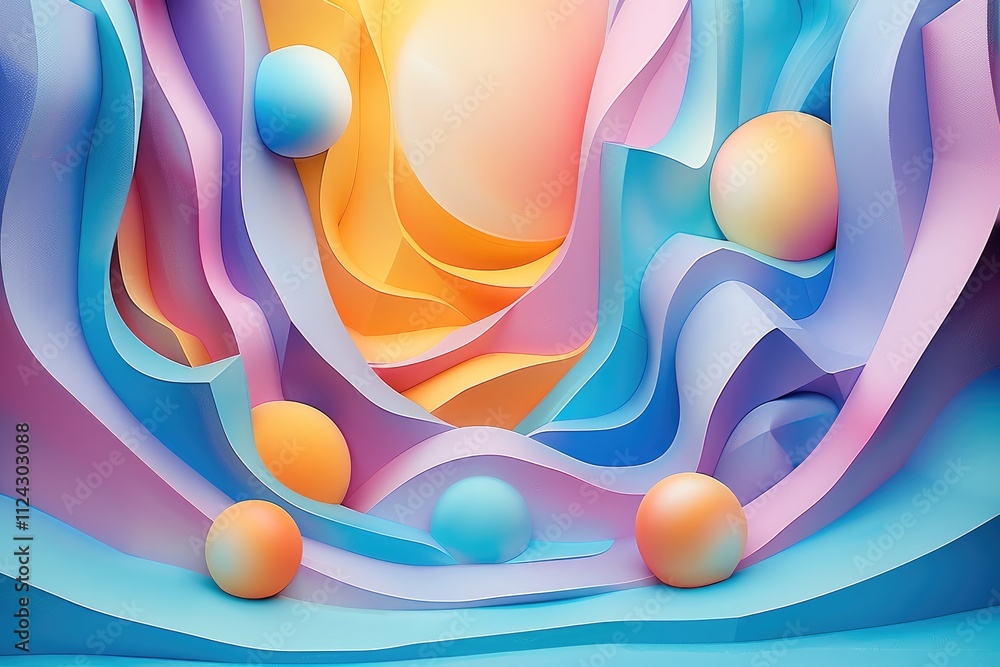 Fototapete A 3D geometric abstraction with pastel colors, shapes, and spheres, The composition includes soft curves and sharp angles in shades, creating an atmosphere that is both playful and modern.